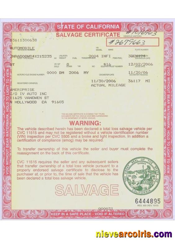 USA California Salvage Certificate Sample