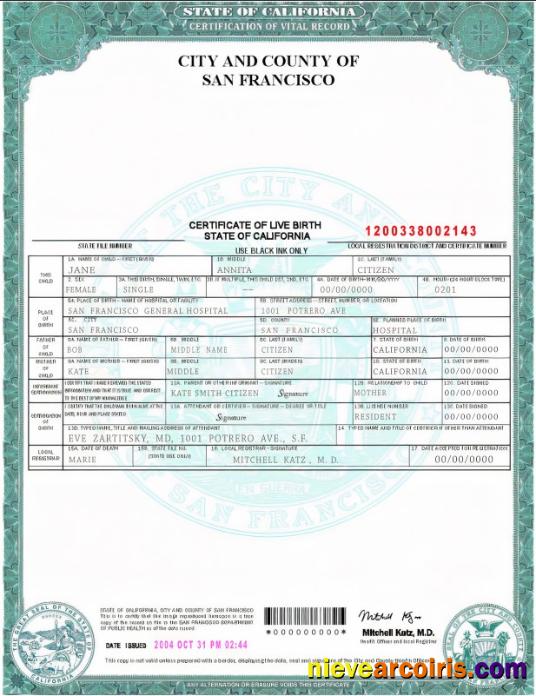 Realistic USA California State Birth Certificate Template In PSD Format