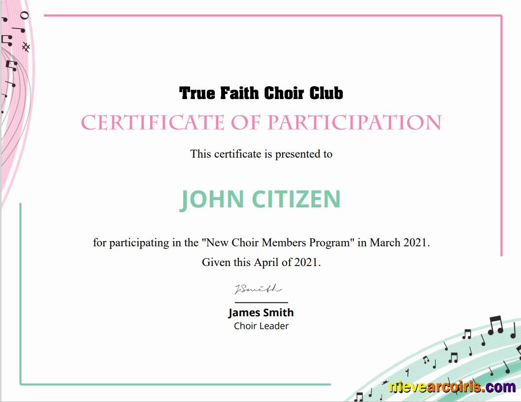 USA Choir Certificate Of Participation Sample