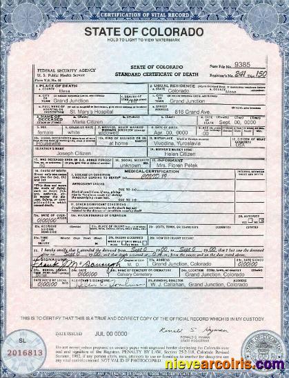 Realistic USA Colorado State Death Certificate Template In PSD Format