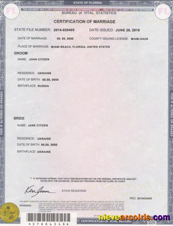 Realistic USA Florida State Marriage Certificate Template In PSD Format