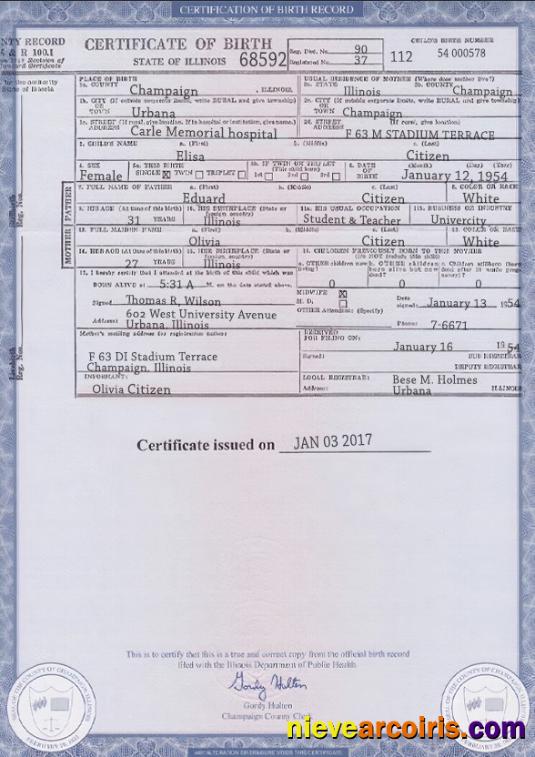 Realistic USA Illinois State Birth Certificate Template In PSD Format