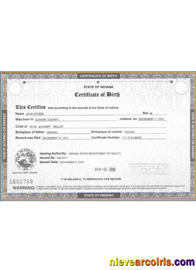 USA Indiana Certificate Of Birth Preview