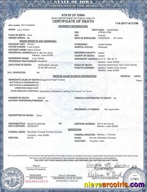 Premium USA Iowa State Death Certificate Template In PSD Format