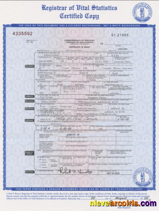 Professional USA Kentucky State Death Certificate Template In PSD Format