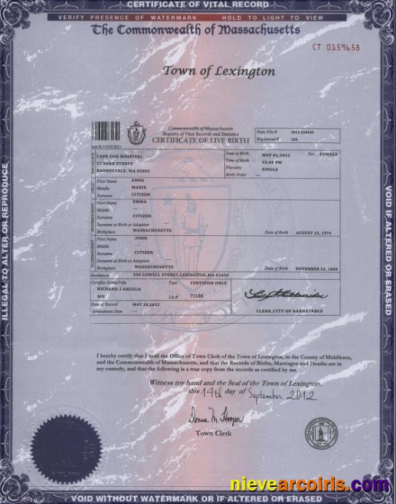 Realistic USA Massachusetts State Birth Certificate Template In PSD Format