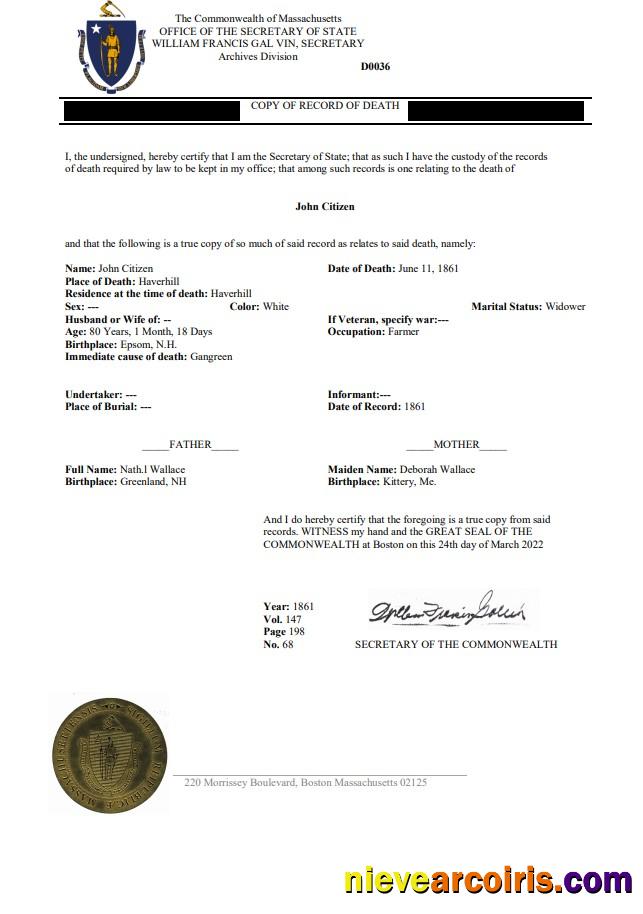 USA Massachussetts Death Certificate Preview