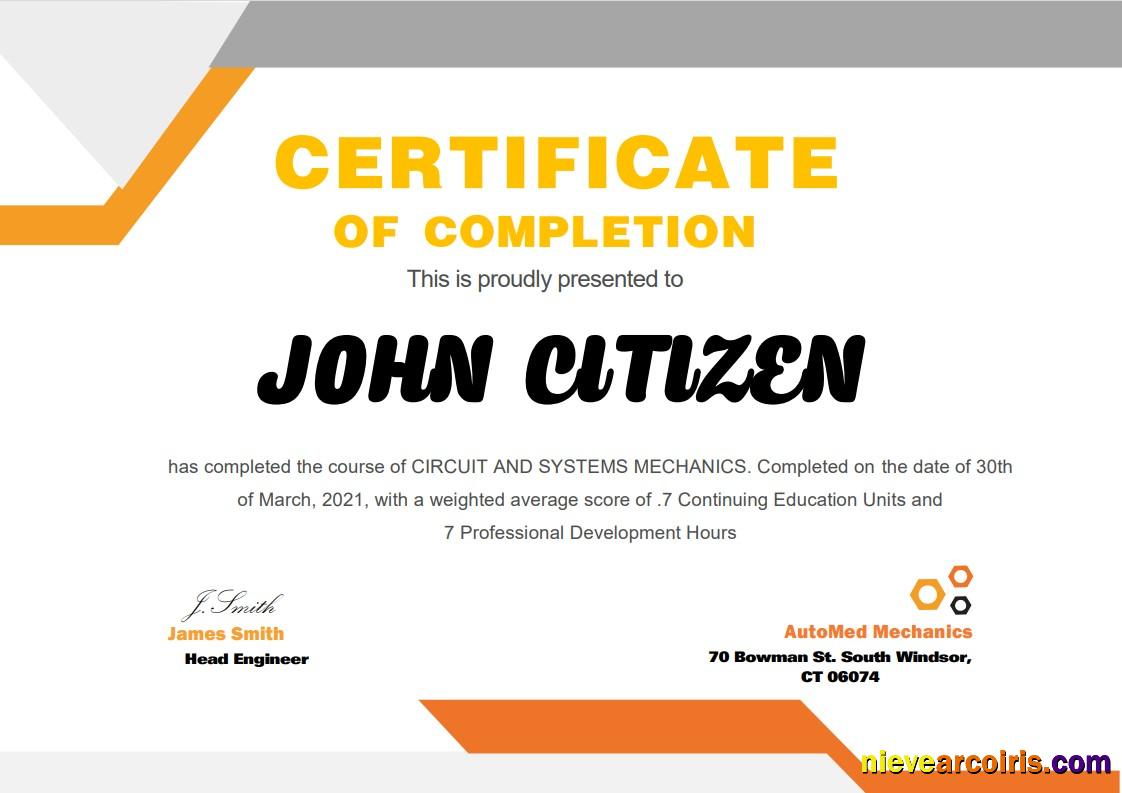 USA Mechanic Certificate Sample