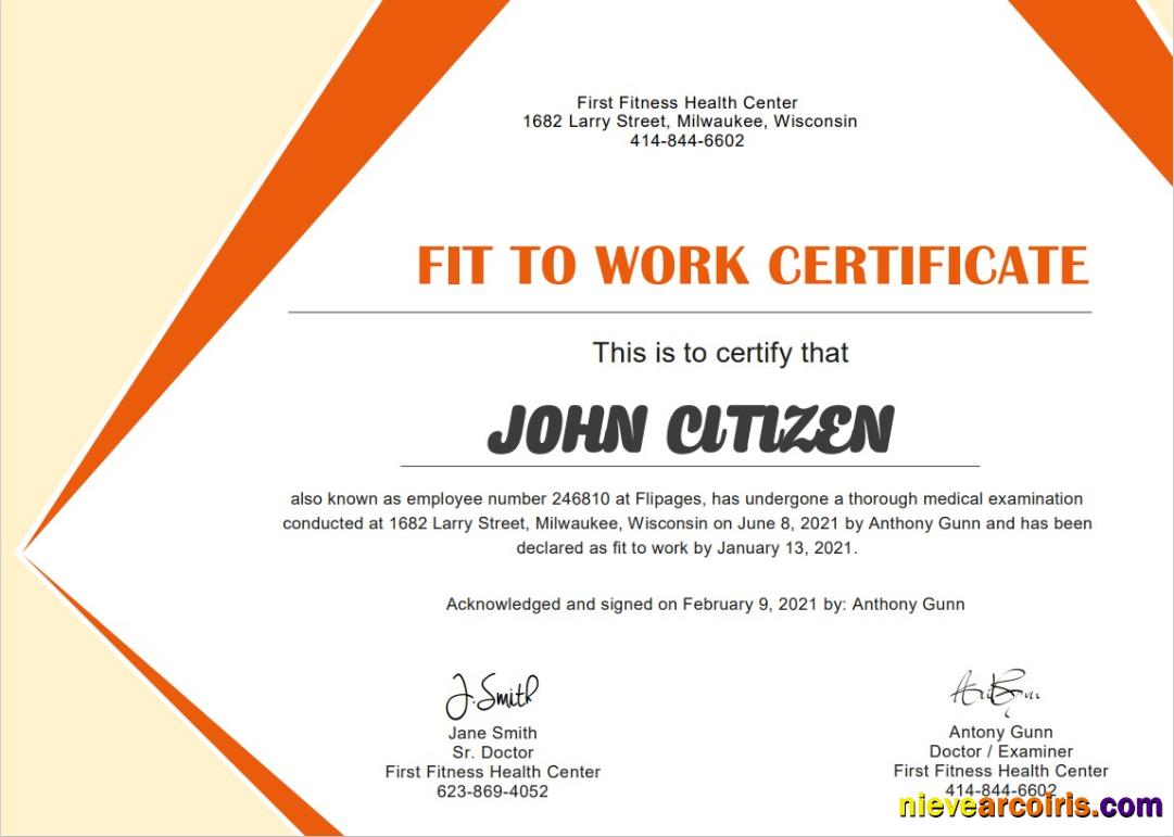 USA Medical Fitness Cert Sample
