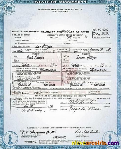 Realistic USA Mississippi State Birth Certificate Template In PSD Format