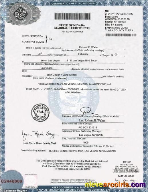 Editable USA Nevada State Marriage Certificate Template In PSD Format