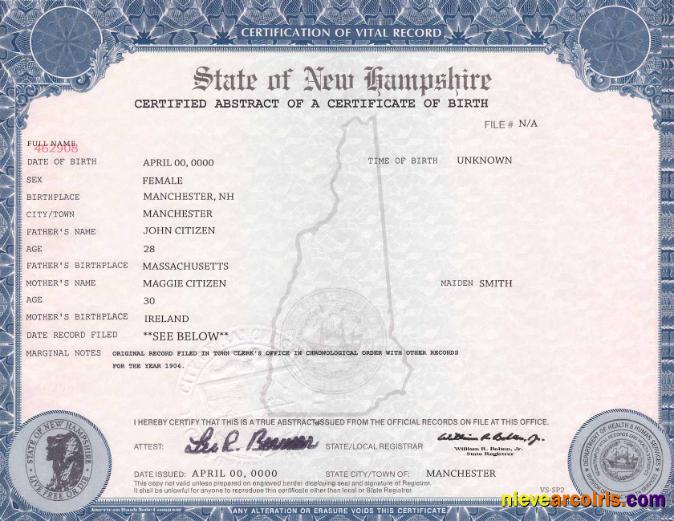 USA New Hampshire Birth Cert Preview