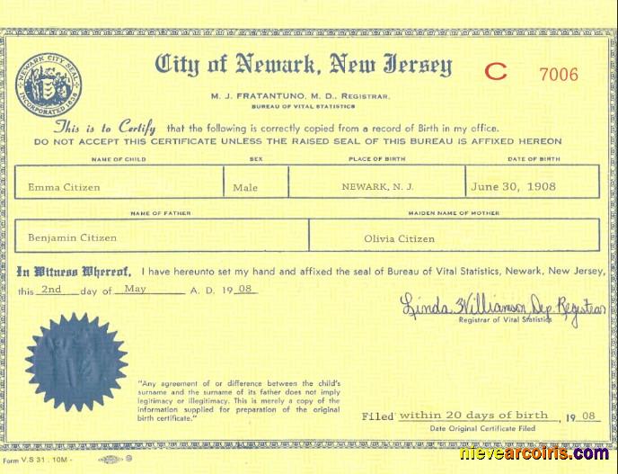 USA New Jersey Birth Certificate Template