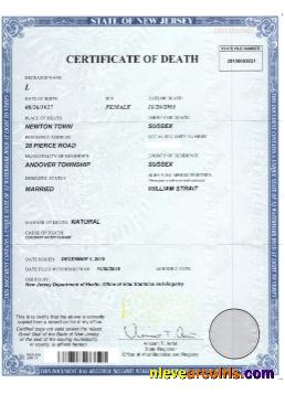 USA New Jersey Certificate Of Death Sample