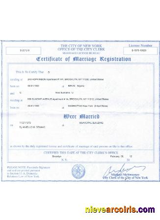 USA New York Certificate Of Marriage Registration Template