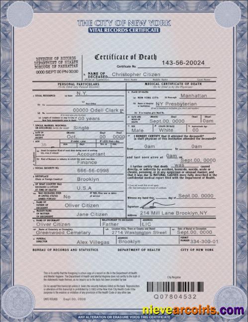 Professional USA New York State Death Certificate Template In PSD Format