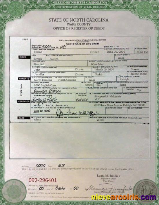 USA North Carolina Birth Cert Template