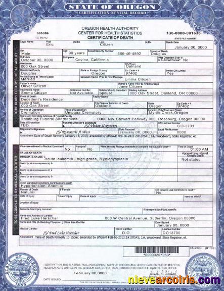 USA Oregon Death Cert Template