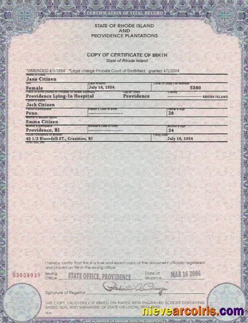 Premium USA Rhode Island State Birth Certificate Template In PSD Format