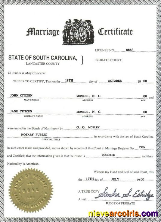 Realistic USA South Carolina Marriage Certificate Template In PSD Format
