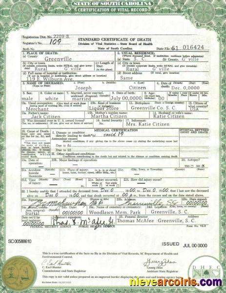 Editable USA South Carolina State Death Certificate Template In PSD Format
