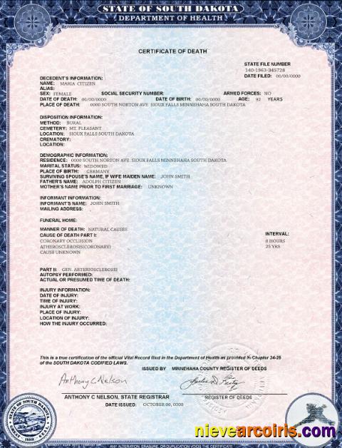 Premium USA South Dakota State Death Certificate Template In PSD Format