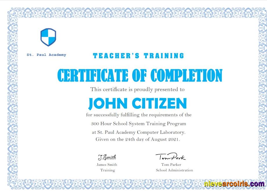 USA Teacher’s Training Completion Certificate Photolook