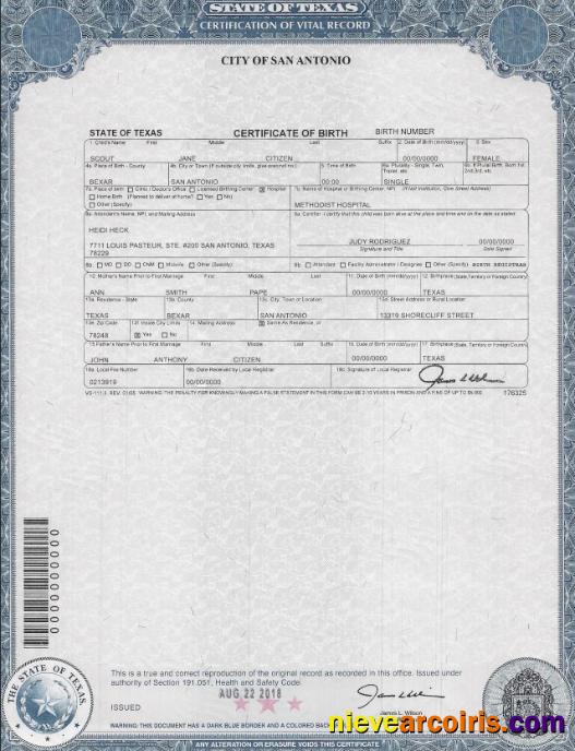 USA Texas Birth Certificate Preview