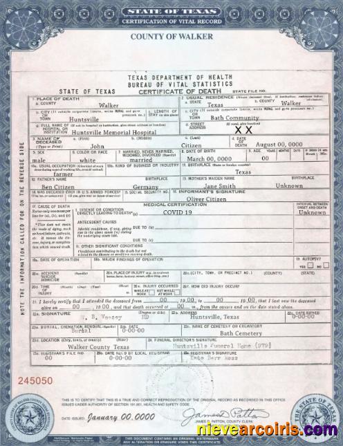 Realistic USA Texas State Death Certificate Template In PSD Format