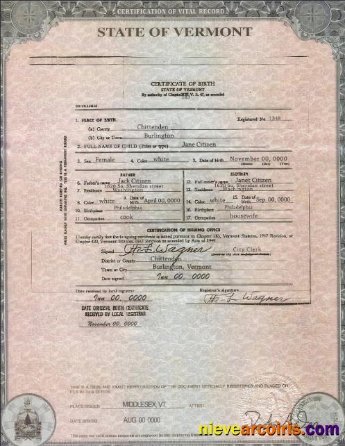 Realistic USA Vermont State Birth Certificate Template In PSD Format