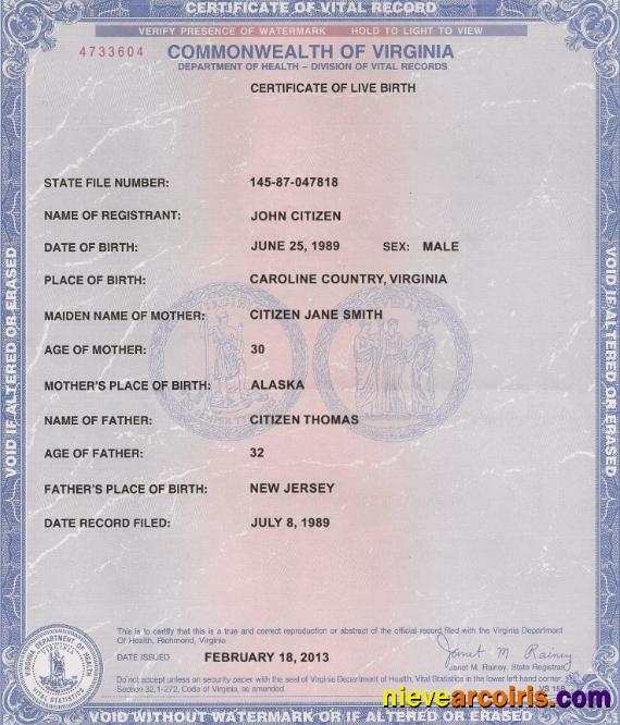 USA Virginia Birth Certificate Template