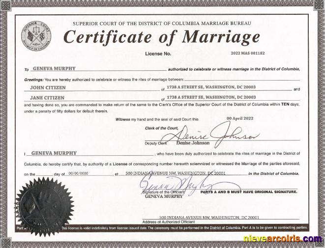 Editable USA Washington District Of Columbia Marriage Certificate Template In PSD Format
