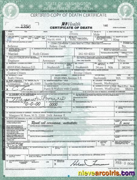 Realistic USA Washington State Death Certificate Template In PSD Format, Fully Editable, Version 2
