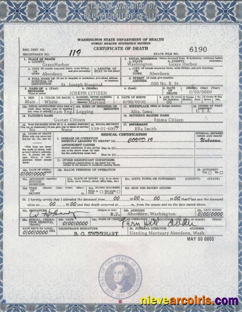 Editable USA Washington State Death Certificate Template In PSD Format
