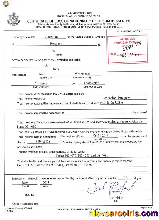 USA Certificate Of Loss Of Nationality Template