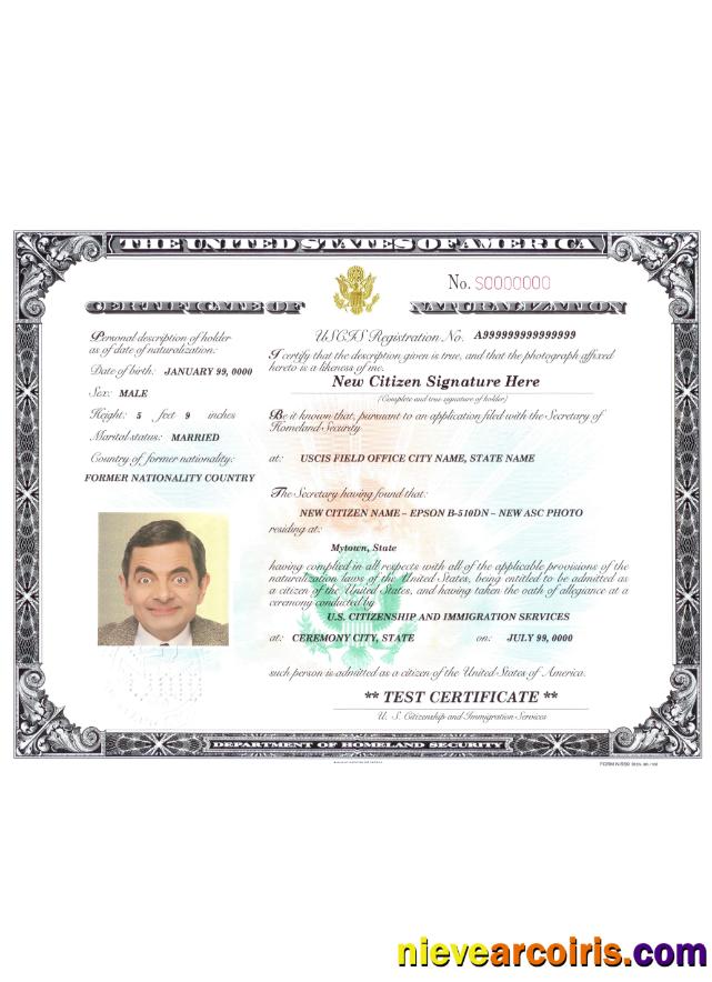 USA Certificate Of Naturalization Sample