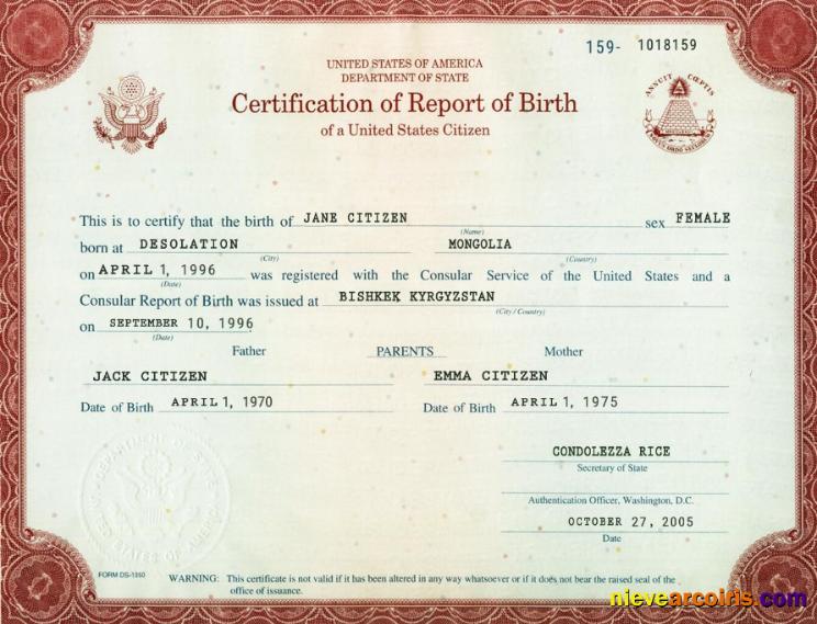 USA Certification Of Report Of Birth Washington 1 Sample