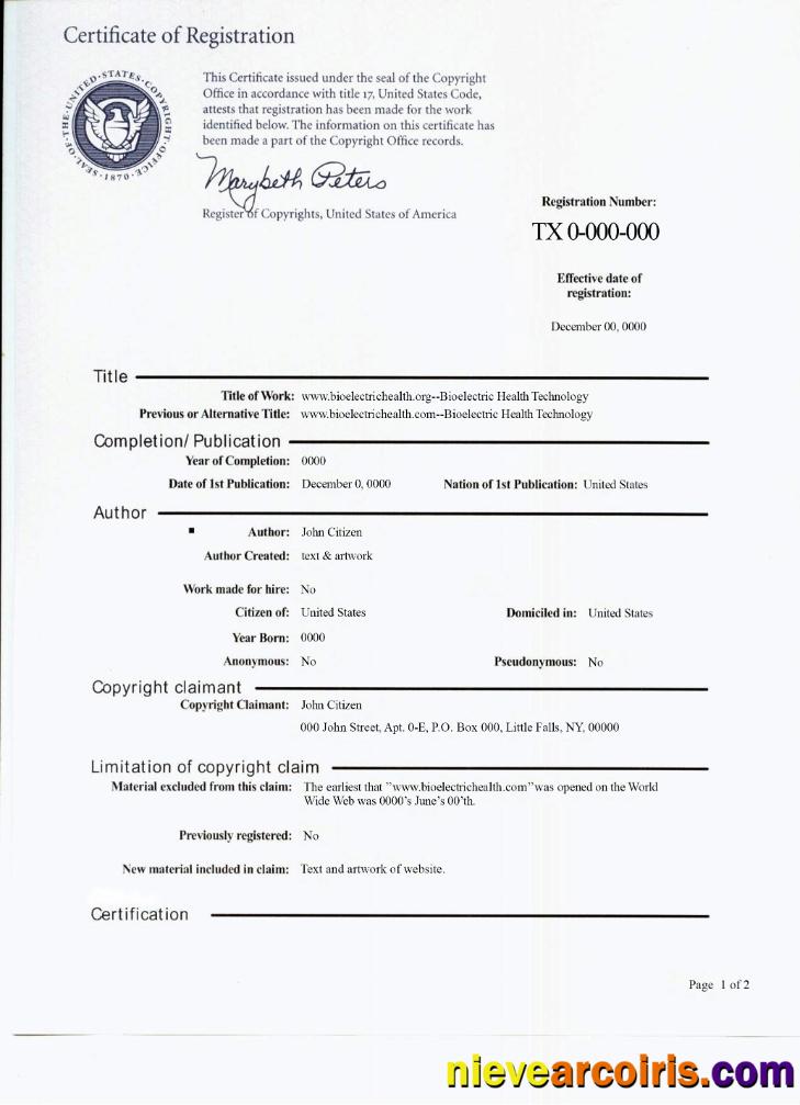 USA Copywrite Certificate Of Registration PSD Sample Sample