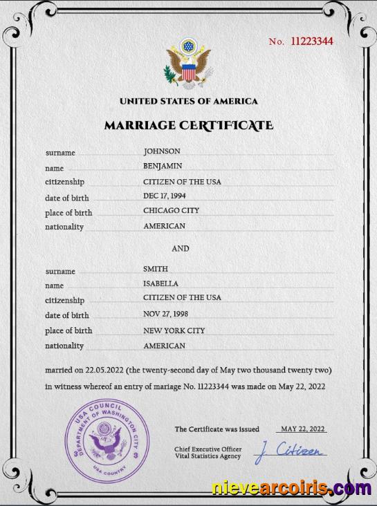Realistic USA Marriage Certificate PSD Template,