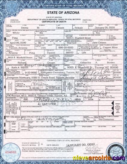 Professional USA State Arizona Death Certificate Template In PSD Format