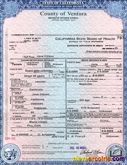 Realistic USA State California County Of Ventura Death Certificate Template In PSD Format