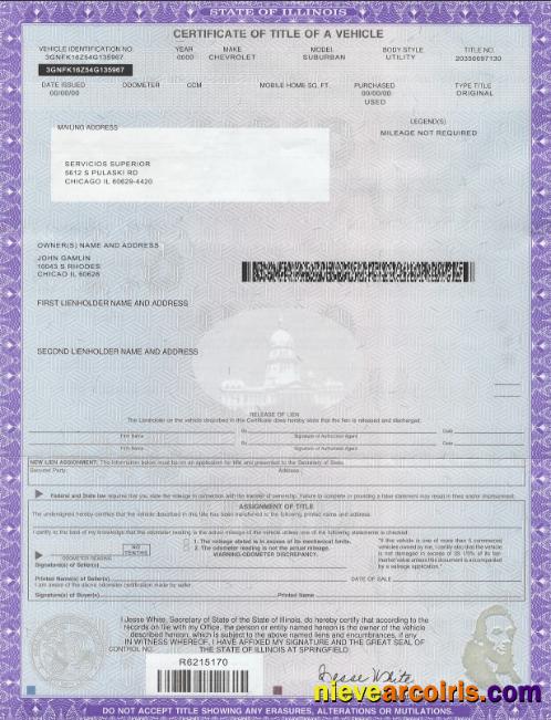 Editable USA State Illinois Certificate Of Title Of A Vehicle Template In PSD Format