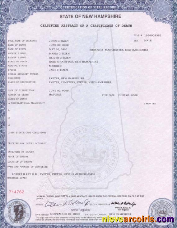 Editable USA State New Hampshire Death Certificate Template In PSD Format