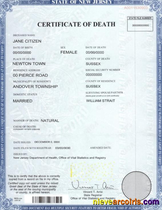 Premium USA State New Jersey Death Certificate Template In PSD Format