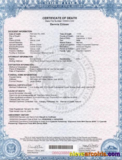 Realistic USA State Utah Death Certificate Template In PSD Format