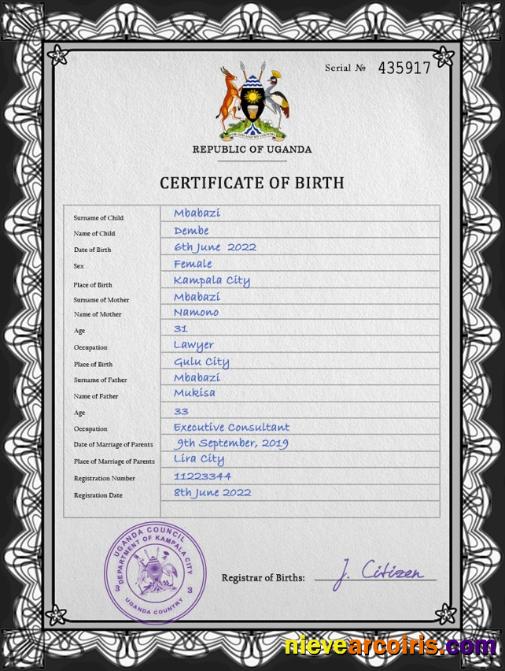 Editable Uganda Birth Certificate PSD Template