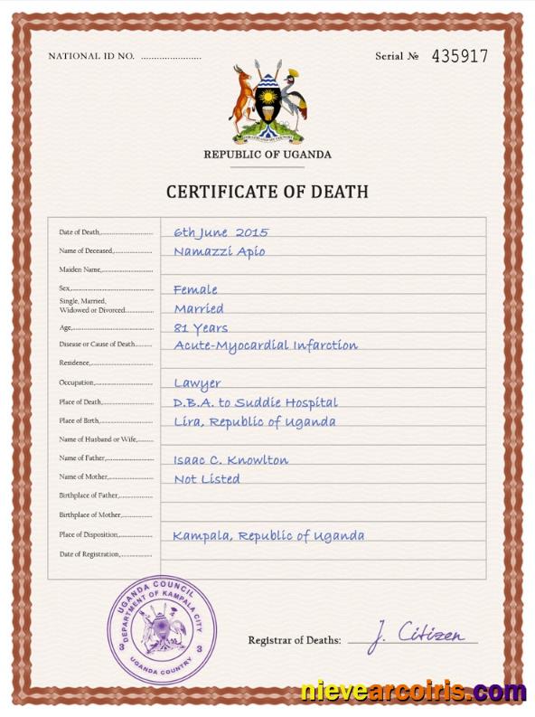 Realistic Uganda Vital Record Death Certificate PSD Template