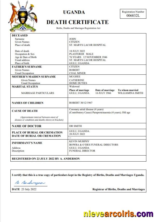 Realistic Uganda Vital Record Death Certificate Word And PDF Template