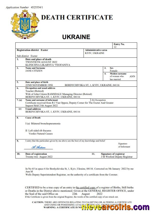 Realistic Ukraine Death Certificate Word And PDF Template