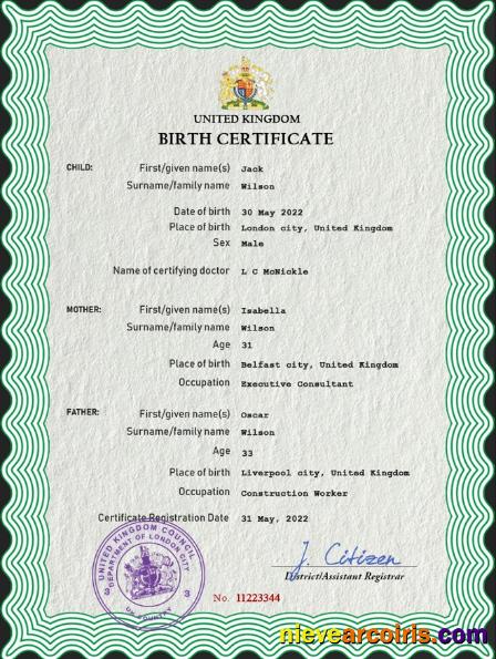 Professional United Kingdom Birth Certificate PSD Template